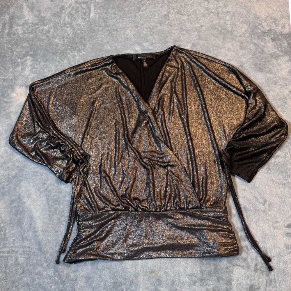 White House Black Market Metallic Surplice Blouse S Black Silver Ruched Sleeve